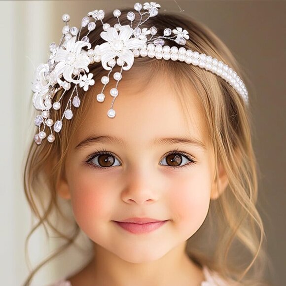 White Flower Girl Headband Pearl Wedding Hair Accessory for First Communion main image 6